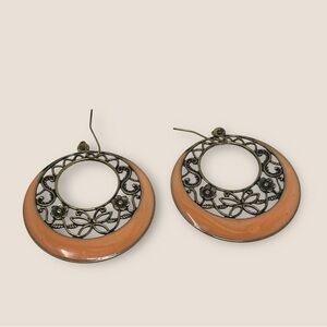 Round Boho Filigree Floral & Butterfly Brass & Orange Hook Earrings Vintage